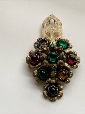 Vintage Medieval Revival Brooch Clip with Colorful Glass Cabochons